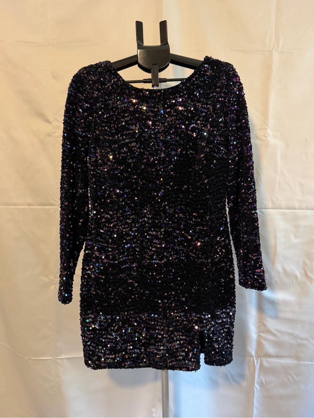 Crystal Doll Black Sequin Long Sleeve Mini Dress with Purple Sparkle
